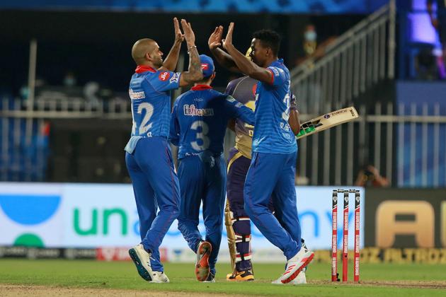 Delhi Capitals players a wicket against Kolkata Knigt Riders in Sharjah