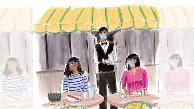 For a coffee meet with girlfriends, refrain from kissing and hugging, and take off the masks only to sip the cappuccinos!(Illustration: Aparna Ram)