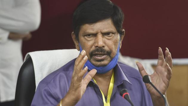 Union Minister and President of Republican Party of India Ramdas Athawale addresses a press conference in Lucknow, Saturday.(PTI)