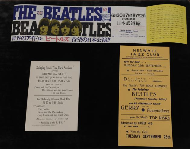 Beatles concert flyers are displayed at Sotheby's auction rooms in London, Friday, Sept. 25, 2020. (AP)