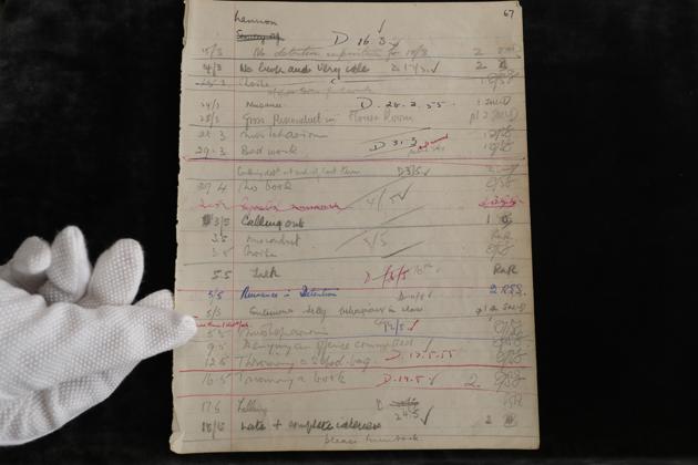 John Lennon's school detention sheet from 1954-55 is displayed at Sotheby's auction rooms in London, Friday, Sept. 25, 2020. The sheet is estimated at 3,000-5,000 UK pounds (3733-6221 US dollars). (AP)