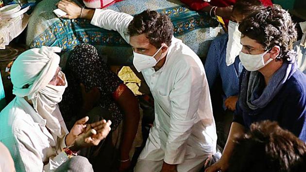 Congress leader Rahul Gandhi and Priyanka Gandhi Vadra interact with the family members of the Hathras gang-rape victim(ANI)