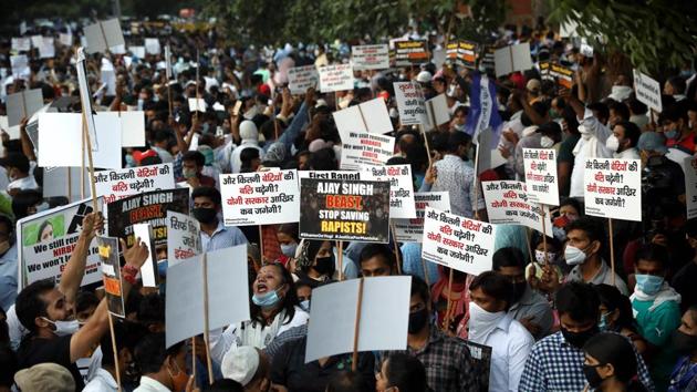 Demonstrators during a protest against the Hathras gangrape, at Jantar Mantar, New Delhi, on October 2.(ANI)