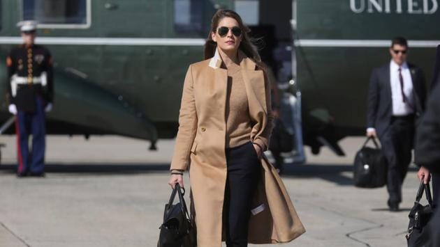 Hope Hicks, advisor to US President Donald Trump walks towards Air Force One to depart for Washington with the president and other staff on campaign trip to Minnesota at Joint Base Andrews, Maryland on September 30. Hicks felt unwell on the return trip and isolated herself aboard Air Force One. (Leah Millis / REUTERS)