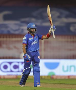 Sharjah: Delhi Capitals player Prithvi Shaw reacts after scoring the half-century during IPL 2020 cricket match against Kolkata Knight Riders, at Sharjah Cricket Stadium in Sharjah, United Arab Emirates, Saturday, Oct. 3, 2020. (Sportzpics/PTI Photo)(PTI03-10-2020_000286B) (PTI)