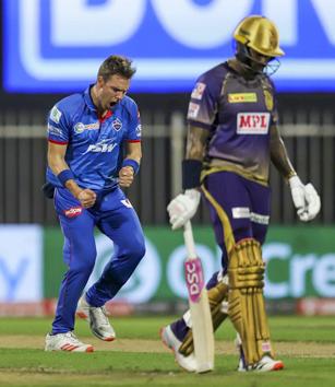 Sharjah: Delhi Capitals player Anrich Nortje celebrates after the wicket of Kolkata Knight Riders player Sunil Narine during IPL 2020 cricket match, at Sharjah Cricket Stadium in Sharjah, United Arab Emirates, Saturday, Oct. 3, 2020. (Sportzpics/PTI Photo) (PTI03-10-2020_000312A) (PTI)