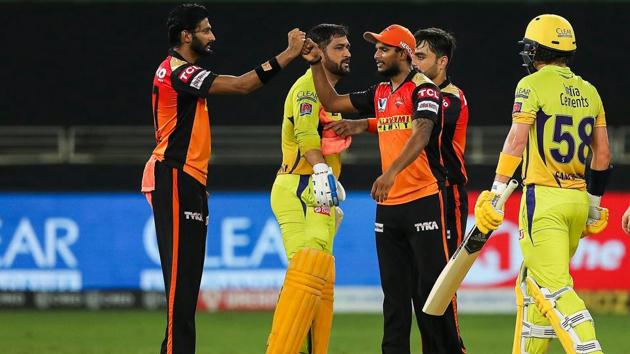 Players of Sunrisers Hyderabad and Chennai Super Kings shake hands after the match during the Indian Premier League 2020. (PTI) Players of Sunrisers Hyderabad and Chennai Super Kings shake hands after the match during the Indian Premier League 2020. (PTI)