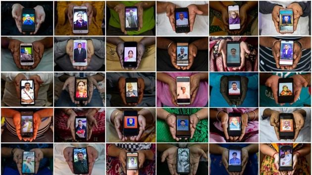 A combination picture shows people holding their mobile phones, showing images of their relatives who died due to the coronavirus disease, as they pose for a photo taken between September 22, 2020 and September 28 2020, in various cities of India.(REUTERS)