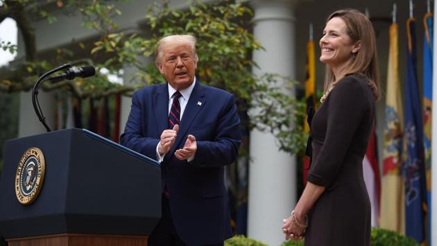US President Donald Trump announces his US Supreme Court nominee, Judge Amy Coney Barrett at the Rose Garden of the White House in Washington, DC on September 26. Four people who attended the Rose Garden ceremony—Sens. Mike Lee and Thom Tillis, University of Notre Dame president John Jenkins and former White House counsellor Kellyanne Conway— announced on October 2 that they had tested positive for the virus. (Olivier Douliery / AFP)