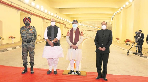 Prime Minister Narendra Modi is seen with defence minister Rajnath Singh, Himachal Pradesh chief minister Jai Ram Thakur and the Border Roads Organisation (BRO) chief Lieutenant General Harpal Singh inside the Atal Tunnel.
