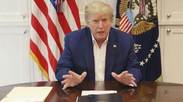 US President Donald Trump, who is being treated for the coronavirus disease (COVID-19) in a military hospital outside Washington, speaks from his hospital room. (REUTERS) US President Donald Trump, who is being treated for the coronavirus disease (COVID-19) in a military hospital outside Washington, speaks from his hospital room. (REUTERS)
