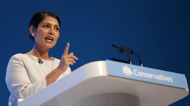 Britain's Home Secretary Priti Patel addresses the delegates at the Conservative Party Conference in Manchester, England.(AP/ File photo)