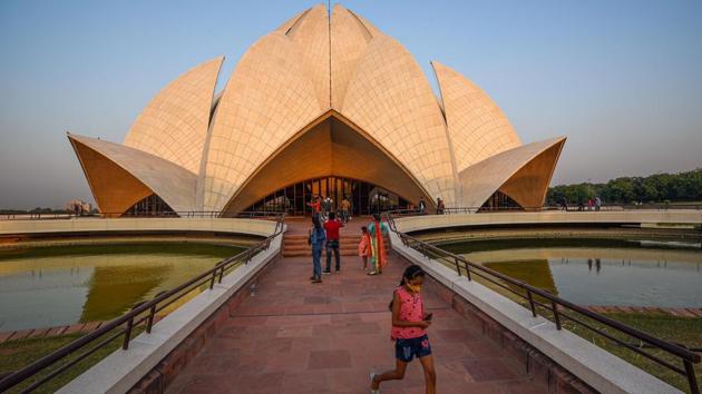 A view of the Lotus Temple a day after it reopened to the public in New Delhi on October 3. India is still registering the highest number of daily cases globally but also has a low fatality rate of 1.55%, which is nearly half the global average. (Biplov Bhuyan / HT Photo)