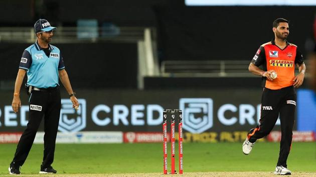Sunrisers Hyderabad player Bhuvneshwar Kumar during the Indian Premier League 2020 cricket match against Chennai Super Kings.(PTI)