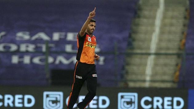 Sunrisers Hyderabad player Bhuvneshwar Kumar celebrates the wicket of Delhi Capitals batsman Prithvi Shaw during the Indian Premier League 2020 cricket match. (PTI) Sunrisers Hyderabad player Bhuvneshwar Kumar celebrates the wicket of Delhi Capitals batsman Prithvi Shaw during the Indian Premier League 2020 cricket match. (PTI)