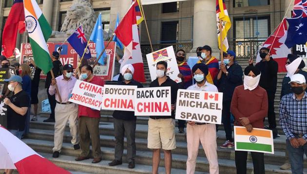 A protest against China outside the Chinese Consulate in Vancouver in July. Relations between Ottawa and Beijing have nosedived since the arrest of a senior executive of the Chinese telecommunications firm Huawei in 2018. In retaliation, China arrested two Canadians.(ANI file)