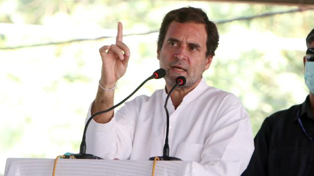 Former Congress chief Rahul Gandhi speaks on stage during the Kheti Bachao rally at Badhni Kalan in Moga, near Bathinda, Punjab. (Sanjeev Kumar/Hindustan Times) Former Congress chief Rahul Gandhi speaks on stage during the Kheti Bachao rally at Badhni Kalan in Moga, near Bathinda, Punjab. (Sanjeev Kumar/Hindustan Times)