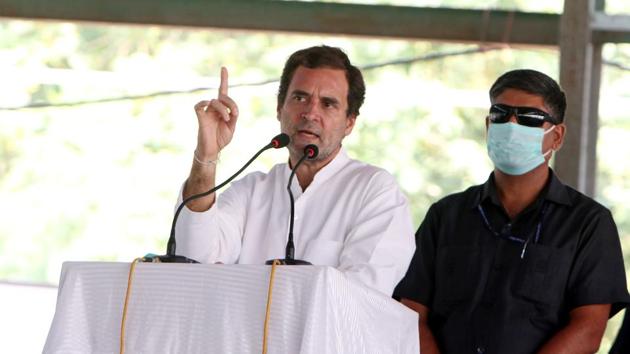Former Congress president Rahul Gandhi speaks on stage during the Kisan Bachao rally at Badhni Kalan in Moga near Bathinda Punjab on Sunday, October 4. (Photo by Sanjeev Kumar/Hindustan Times) Former Congress president Rahul Gandhi speaks on stage during the Kisan Bachao rally at Badhni Kalan in Moga near Bathinda Punjab on Sunday, October 4. (Photo by Sanjeev Kumar/Hindustan Times)