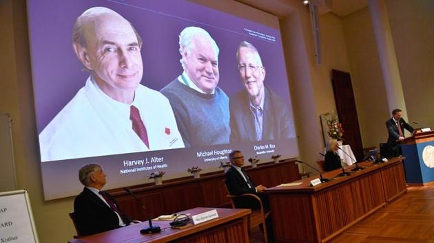 Thomas Perlmann, secretary of the Nobel Assembly at Karolinska Institutet and of the Nobel Committee for Physiology or Medicine, announces Harvey J Alter, Michael Houghton and Charles M Rice as the winners of the 2020 Nobel Prize in Physiology or Medicine during a news conference at the Karolinska Institute in Stockholm, Sweden.(via REUTERS)