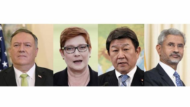 US Secretary of State Mike Pompeo, Australian Foreign Minister Marise Payne, Japan's Foreign Minister Toshimitsu Motegi, and Indian Foreign Minister S Jaishankar. (AP) US Secretary of State Mike Pompeo, Australian Foreign Minister Marise Payne, Japan's Foreign Minister Toshimitsu Motegi, and Indian Foreign Minister S Jaishankar. (AP)
