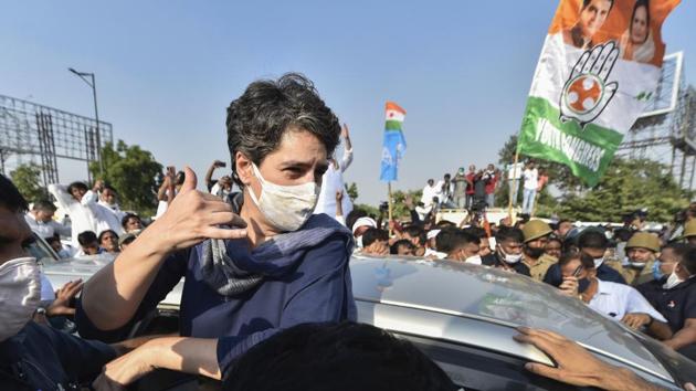 Congress leader Priyanka Gandhi Vadra at Delhi-Noida border as she attempts to move towards Hathras to meet family members of the 19-year-old woman who died after being allegedly gang-raped, in Noida. (PTI) Congress leader Priyanka Gandhi Vadra at Delhi-Noida border as she attempts to move towards Hathras to meet family members of the 19-year-old woman who died after being allegedly gang-raped, in Noida. (PTI)