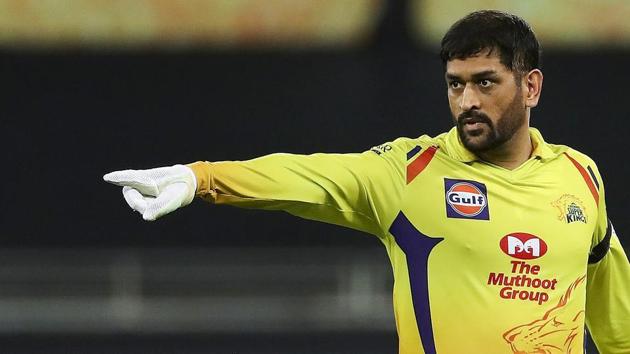 Chennai Super Kings (CSK) skipper MS Dhoni gestures during IPL 2020 cricket match against Delhi Capitals (DC).(PTI)