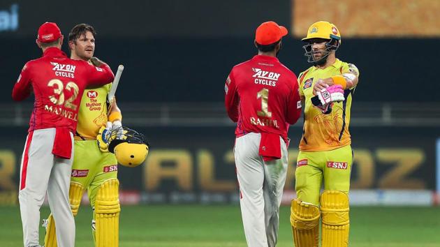Chennai Super Kings players being congratulated by Kings XI Punjab players after winning the IPL 2020 cricket match. (PTI) Chennai Super Kings players being congratulated by Kings XI Punjab players after winning the IPL 2020 cricket match. (PTI)