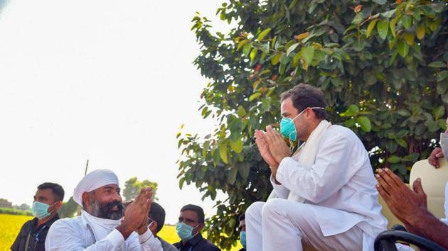Congress leader Rahul Gandhi during a tractor rally, 'Kheti Bachao Yatra', in protest against the new farm bills 2020, in Punjab's Moga district on October 4, 2020. (PTI Photo) Congress leader Rahul Gandhi during a tractor rally, 'Kheti Bachao Yatra', in protest against the new farm bills 2020, in Punjab's Moga district on October 4, 2020. (PTI Photo)