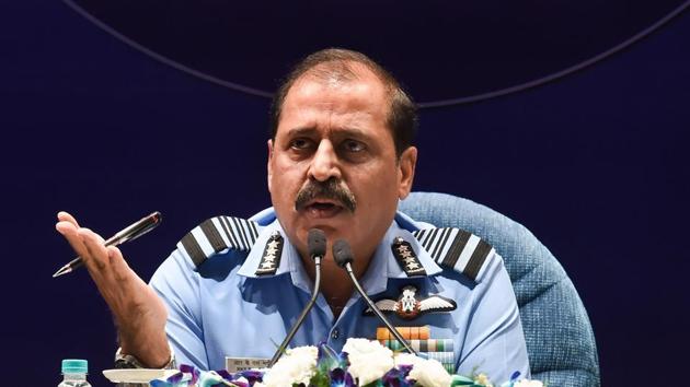 Indian Air Force (IAF) chief Rakesh Kumar Singh Bhadauria addresses a press conference, in New Delhi, Monday, Oct. 5, 2020.(PTI)