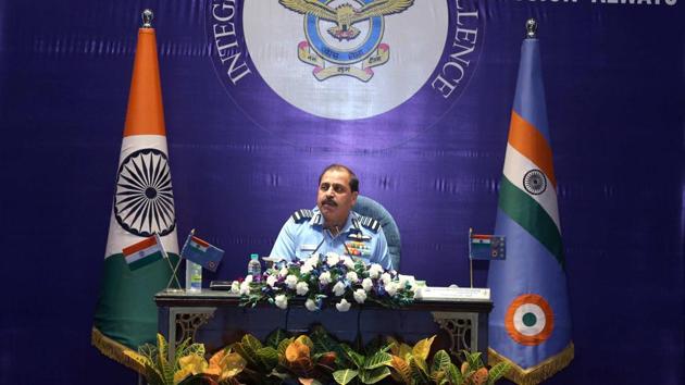 Air Chief Marshal RKS Bhadauria addressing a press conference at Air Force Auditorium, Subroto Park, in New Delhi.