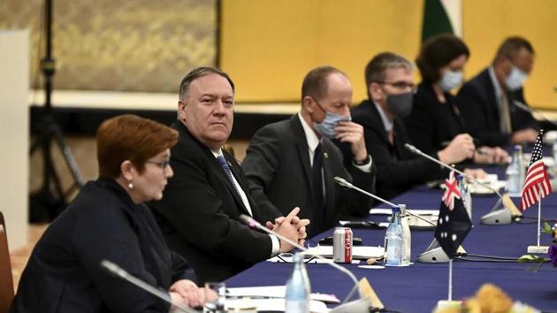 Australia’s Foreign Minister Marise Payne, left, and US Secretary of State Mike Pompeo, second from left, attend the four Indo-Pacific nations’ foreign ministers meeting in Tokyo.(AP)