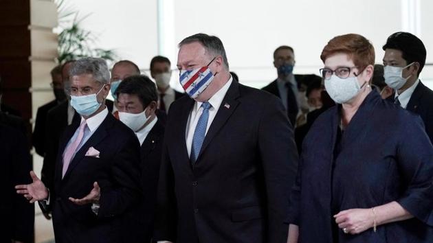 India’s Foreign Minister Subrahmanyam Jaishankar, Japan’s counterpart Toshimitsu Motegi, US Secretary of State Mike Pompeo and Australian Foreign Minister Marise Payne leave after a meeting with Japan’s Prime Minister Yoshihide Suga(REUTERS)