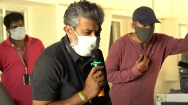 SS Rajamouli on the sets of RRR in Hyderabad.