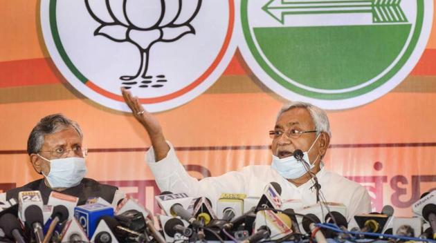 Janta Dal United National President and Bihar Chief Minister Nitish Kumar with BJP senior leader and Dy CM Sushil Kumar Modi during a press conference ahead of Bihar Assembly election, in Patna. (PTI Photo) Janta Dal United National President and Bihar Chief Minister Nitish Kumar with BJP senior leader and Dy CM Sushil Kumar Modi during a press conference ahead of Bihar Assembly election, in Patna. (PTI Photo)