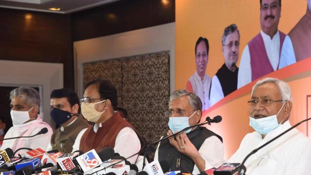 Bihar chief minister Nitish Kumar with deputy chief minister and senior BJP leader Sushil Kumar Modi, Devendra Fadnavis, Sanjay Jaiswal and Bhupendra Yadav during a press conference in Patna on Tuesday. (Santosh Kumar/HT Photo) Bihar chief minister Nitish Kumar with deputy chief minister and senior BJP leader Sushil Kumar Modi, Devendra Fadnavis, Sanjay Jaiswal and Bhupendra Yadav during a press conference in Patna on Tuesday. (Santosh Kumar/HT Photo)