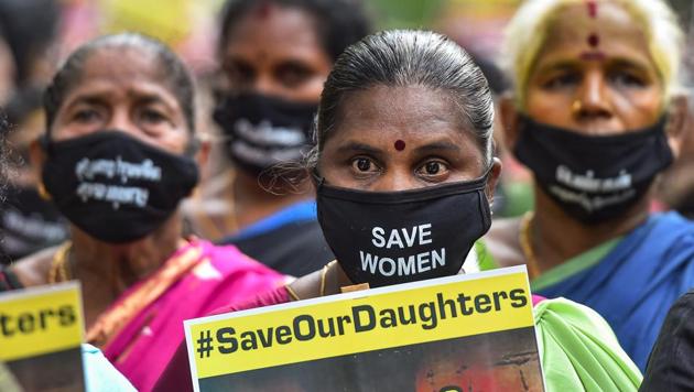 Dravida Munnetra Kazhagam women's wing workers during a protest march in Chennai over the death of a 19-year-old Dalit woman who was allegedly gang-raped in Hathras on Monday. (PTI) Dravida Munnetra Kazhagam women's wing workers during a protest march in Chennai over the death of a 19-year-old Dalit woman who was allegedly gang-raped in Hathras on Monday. (PTI)