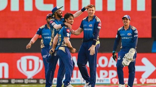 Mumbai Indians player Ishan Kishan celebrates after taking the wicket of Sunrisers Hyderabad skipper David Warned during IPL 2020 cricket match.(PTI)