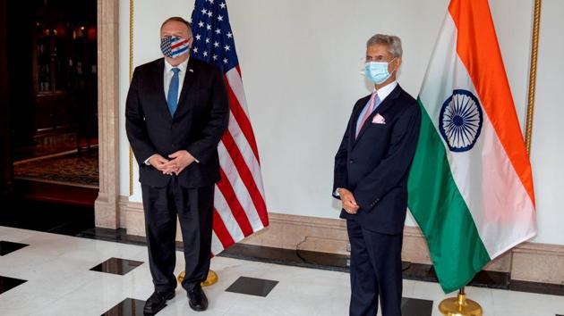 This was the first face-to-face meeting between Jaishankar and Pompeo since the Covid-19 outbreak snapped foreign travel by world leaders, though they have spoken on several occasions and participated in virtual multilateral meetings. (PTI PHOTO.) This was the first face-to-face meeting between Jaishankar and Pompeo since the Covid-19 outbreak snapped foreign travel by world leaders, though they have spoken on several occasions and participated in virtual multilateral meetings. (PTI PHOTO.)