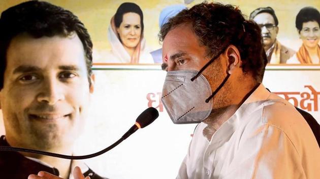 Senior Congress leader Rahul Gandhi addresses a public rally during Kheti Bachao Yatra against the new farm bills, in Kurukshetra.(PTI Photo)