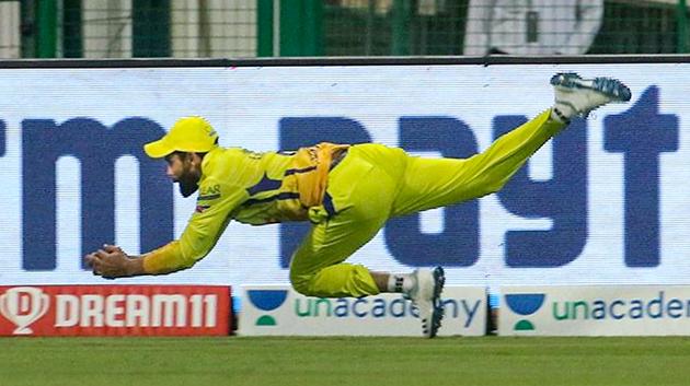 Abu Dhabi: Ravindra Jadeja of Chennai Super Kings takes a catch of Sunil Narine of Kolkata Knight Riders during IPL 2020 cricket match, at Sheikh Zayed Stadium in Abu Dhabi, United Arab Emirates, Wednesday, Oct. 7, 2020. (PTI Photo/Sportzpics for BCCI) (PTI07-10-2020_000198B) (PTI)
