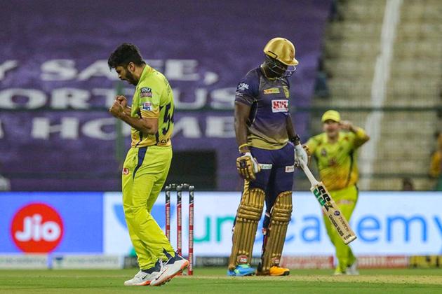 Abu Dhabi: Shardul Thakur of Chennai Super Kings celebrates the wicket of Andre Russell of Kolkata Knight Riders during IPL 2020 cricket match, at Sheikh Zayed Stadium in Abu Dhabi, United Arab Emirates, Wednesday, Oct. 7, 2020. (PTI Photo/Sportzpics for BCCI)(PTI07-10-2020_000202B) (PTI)