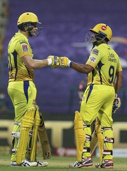 Abu Dhabi: Shane Watson and Ambati Rayudu of Chennai Super Kings during IPL 2020 cricket match against Kolkata Knight Riders, at Sheikh Zayed Stadium in Abu Dhabi, United Arab Emirates, Wednesday, Oct. 7, 2020. (PTI Photo/Sportzpics for BCCI) (PTI07-10-2020_000215B) (PTI)