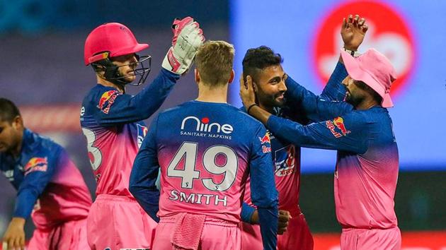Rajasthan Royals players celebrate the wicket of Mumbai Indians skipper Rohit Sharma during IPL 2020 cricket match. (PTI) Rajasthan Royals players celebrate the wicket of Mumbai Indians skipper Rohit Sharma during IPL 2020 cricket match. (PTI)