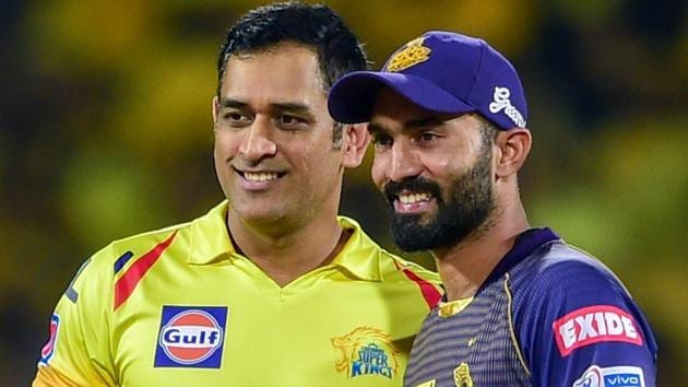CSK skipper MS Dhoni and KKR player Dinesh Karthik during the toss time for Indian Premier League 2019. (PTI) CSK skipper MS Dhoni and KKR player Dinesh Karthik during the toss time for Indian Premier League 2019. (PTI)