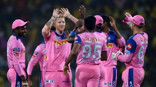 Rajasthan Royals (RR) bowler Ben Stokes celebrates with his teammates after dismissing Chennai Super Kings (CSK) player Shane Watson during the Indian Premier League 2019.(PTI)