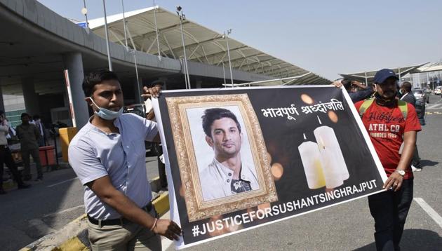 A group of people marching from Terminal 2 of Indira Gandhi International (IGI) Airport to Jantar Mantar with a banner demanding justice for Sushant Singh Rajput, in New Delhi (Photo by Vipin Kumar/ Hindustan Times)