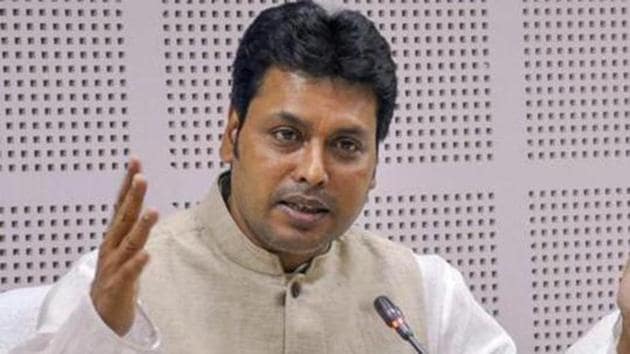 Tripura chief minister Biplab Kumar Deb speaks with the media.(PTI file)