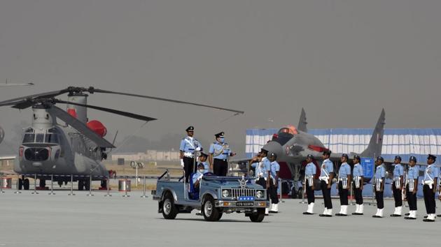 Air Chief Marshal Rakesh Kumar Singh Bhadauria inspects the parade at Hindon Airbase in Ghaziabad on October 8. “As we enter the 89th year, the IAF is undergoing a transformational change. We are entering an era which will redefine where we employ aerospace power and conduct integrated multi-domain operations,” Bhadauria said. (Sanjeev Verma / HT Photo)
