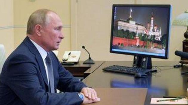 Russian President Vladimir Putin attends a meeting with Chief of the Russian Armed Forces’ General Staff Valery Gerasimov, via a video conference call at the Novo-Ogaryovo state residence, outside Moscow. (REUTERS) Russian President Vladimir Putin attends a meeting with Chief of the Russian Armed Forces’ General Staff Valery Gerasimov, via a video conference call at the Novo-Ogaryovo state residence, outside Moscow. (REUTERS)
