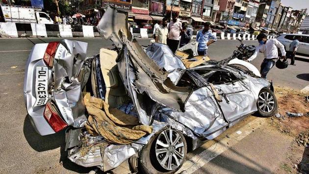 The mangled remains of the Honda City in Lajpat Nagar. (Sanjeev Verma/HT photo) The mangled remains of the Honda City in Lajpat Nagar. (Sanjeev Verma/HT photo)